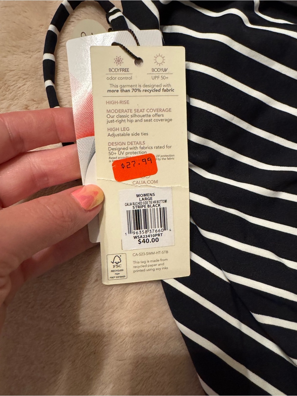 Calia high waisted swim bottom, black & White Striped, size large. NWT - Picture 3 of 4